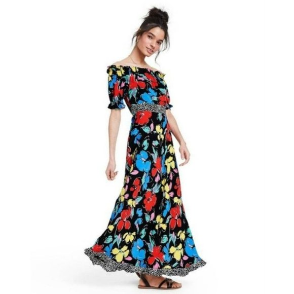 Rixo Black Floral Off Shoulder Women's Maxi Dress